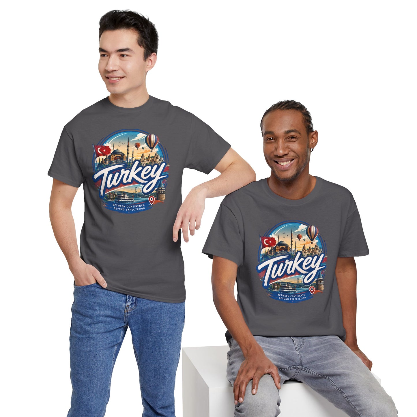 Charcoal crew-neck T-shirt with large “Turkey” logo graphic on the front