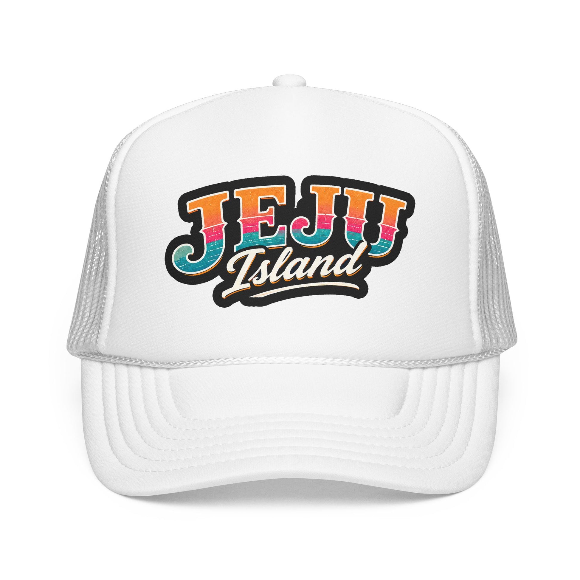 White foam trucker cap with 'JEJU Island' logo on the front and curved brim
