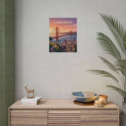 San Francisco California poster on wall above console with bowl, candle, and plants