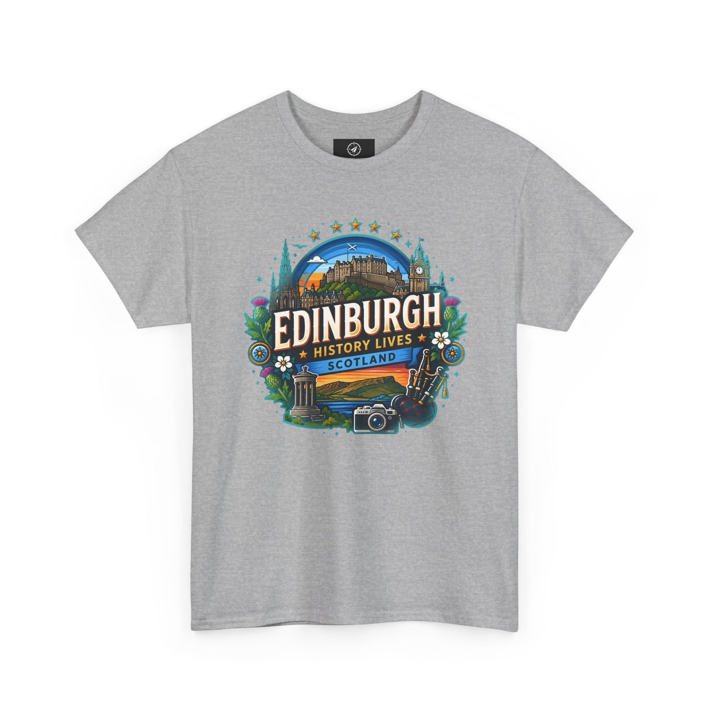 Sport grey travel T-shirt with crew neck and colorful Edinburgh front graphic