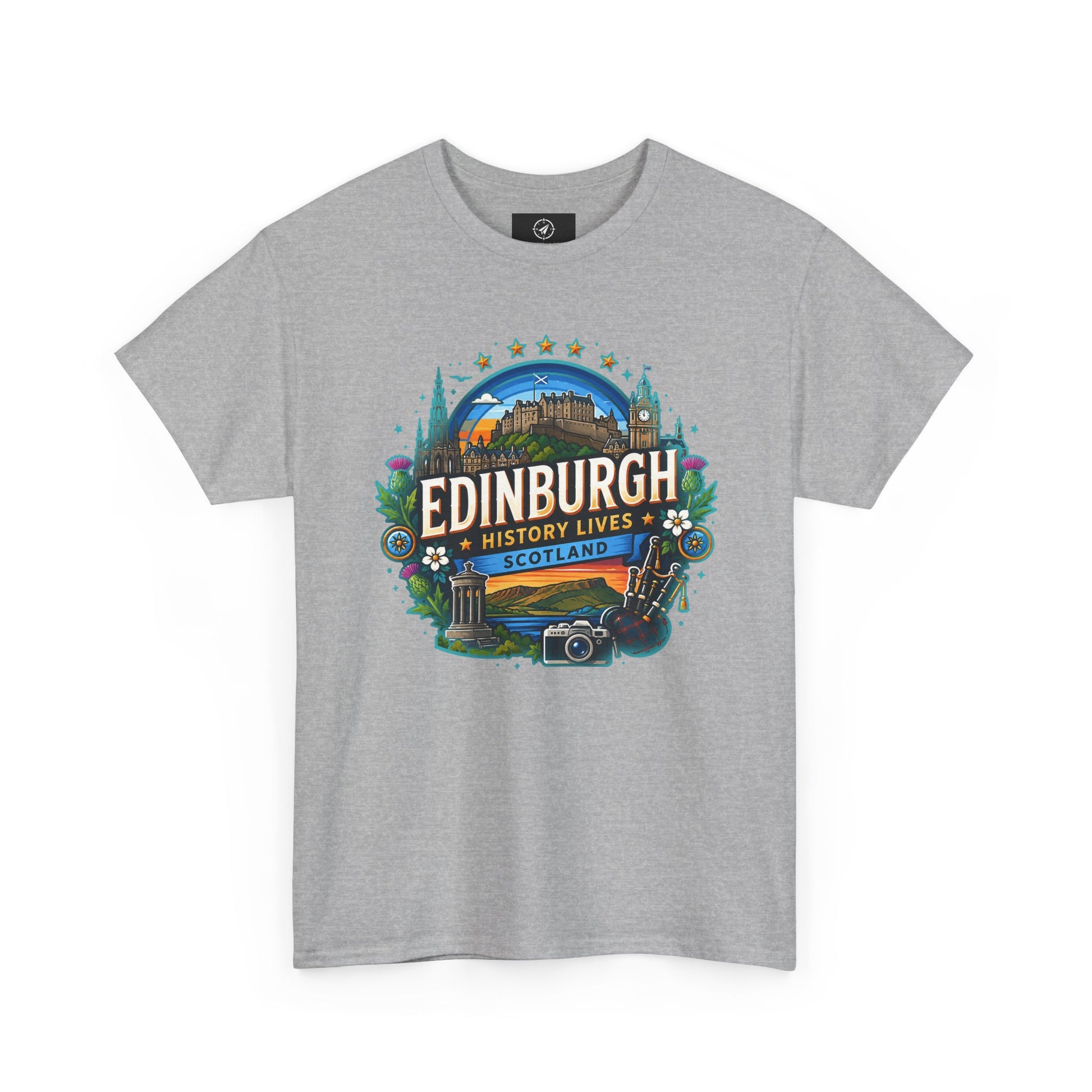 Sport grey travel T-shirt with crew neck and colorful Edinburgh front graphic