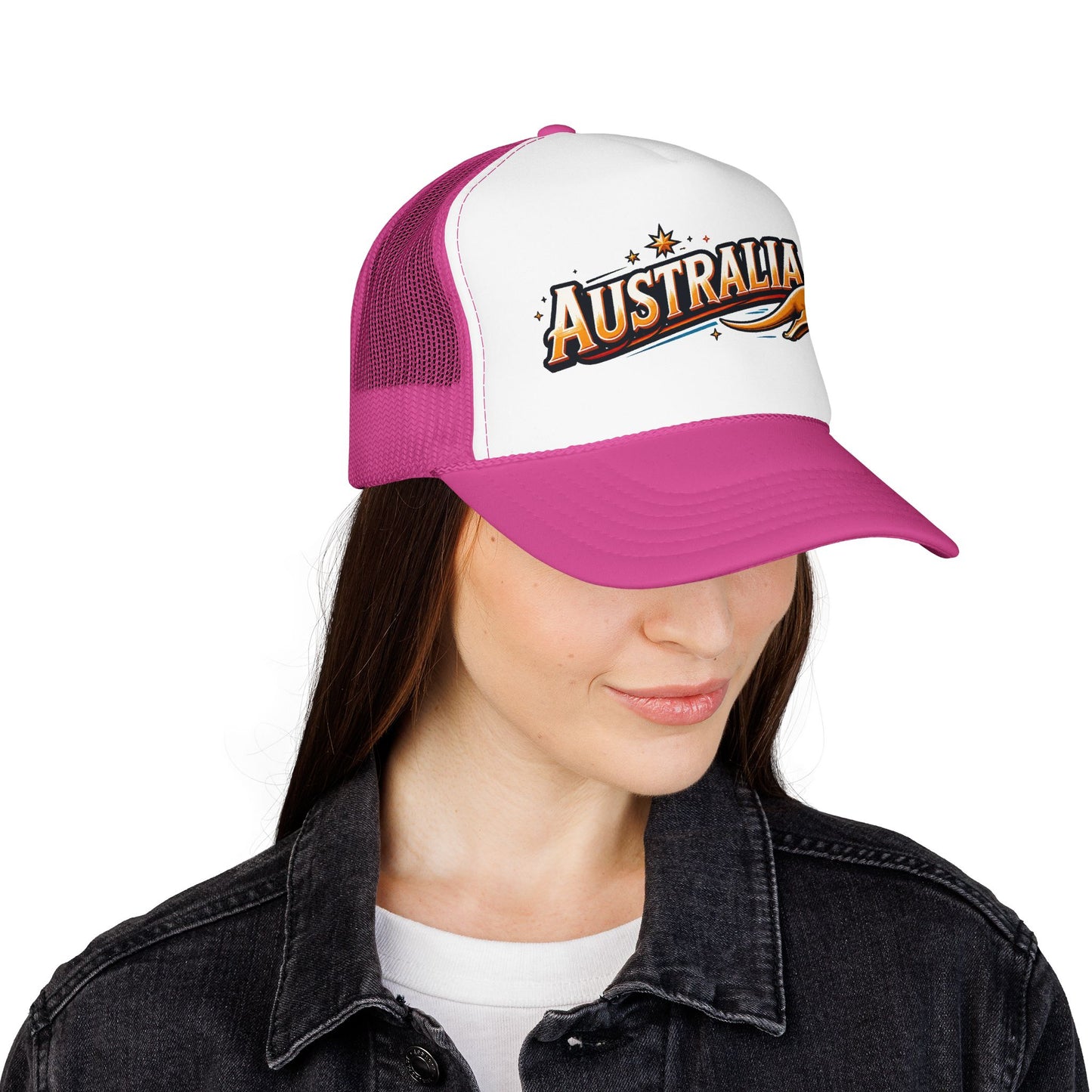 Pink and white trucker hat with curved brim, mesh back, featuring Australia logo design.