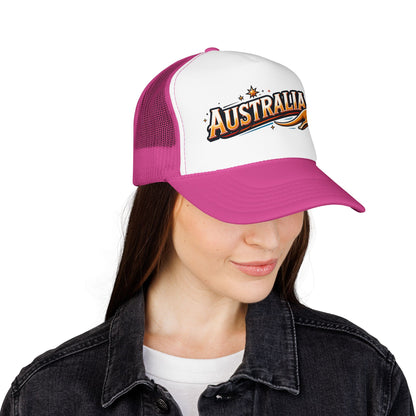 Pink and white trucker hat with curved brim, mesh back, featuring Australia logo design.