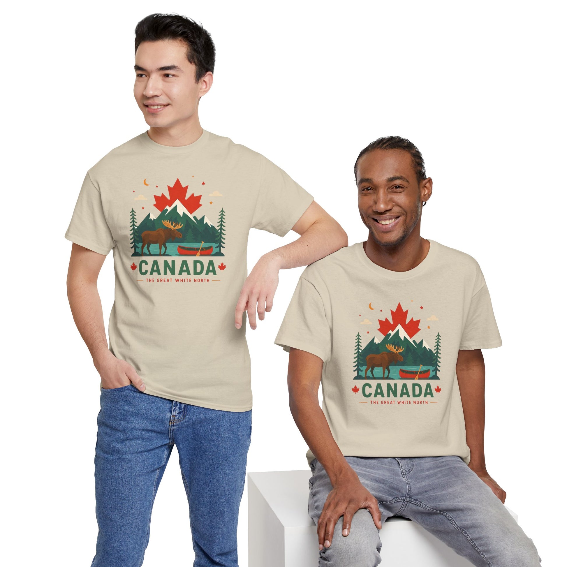 Light tan Canada camping graphic T-shirt on two models, casual crewneck fit