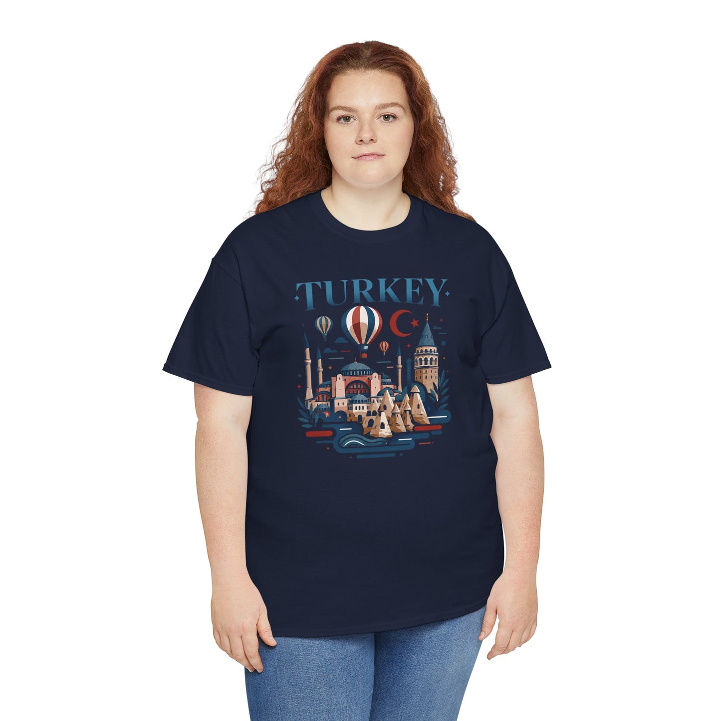 Navy T-shirt with “TURKEY” skyline and hot air balloon front graphic