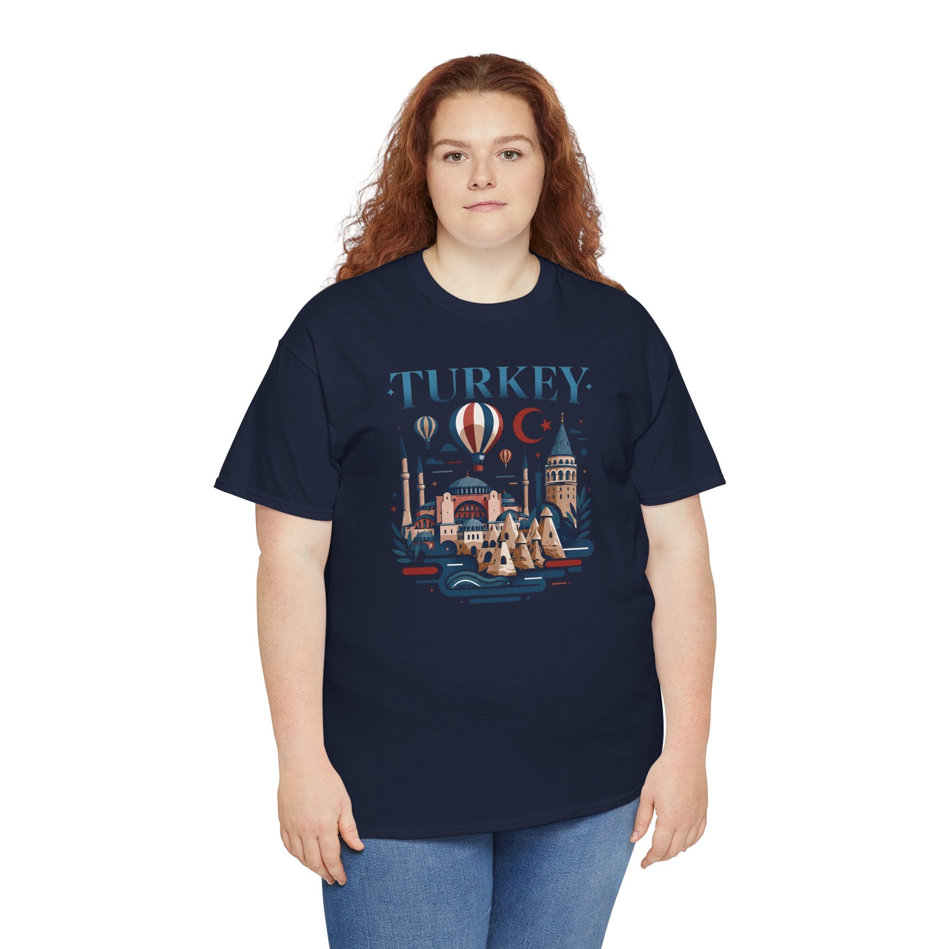 Navy T-shirt with “TURKEY” skyline and hot air balloon front graphic