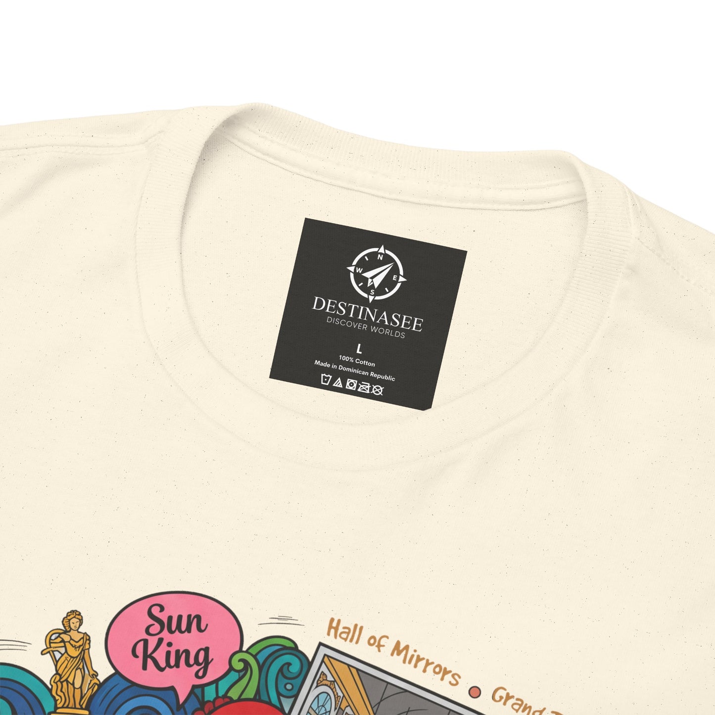 Natural cream T-shirt back with black Destinassee logo and compass graphic