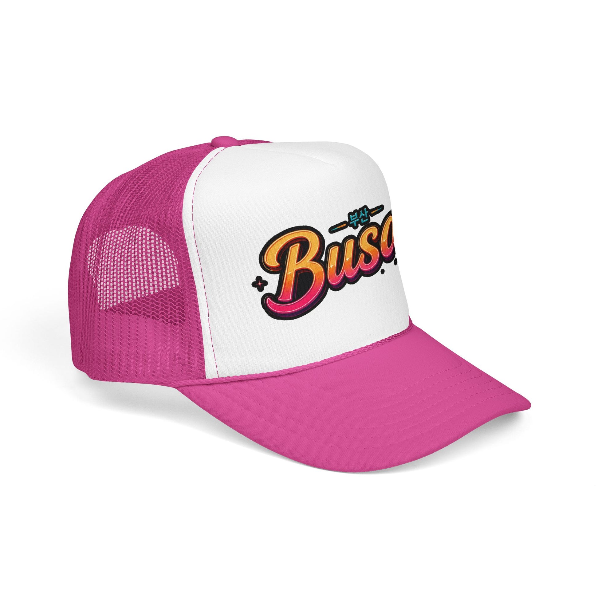 Pink and white trucker hat with front Busan logo and pink mesh side panels