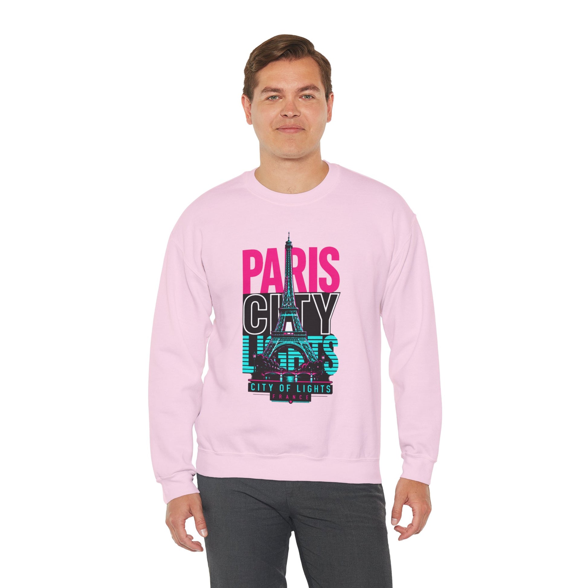 Light pink crewneck sweatshirt with Eiffel Tower lights “PARIS CITY OF LIGHTS” graphic