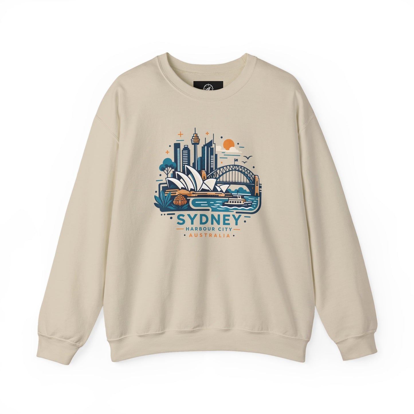 Light sand crewneck sweatshirt with colorful Sydney harbor city graphic on chest
