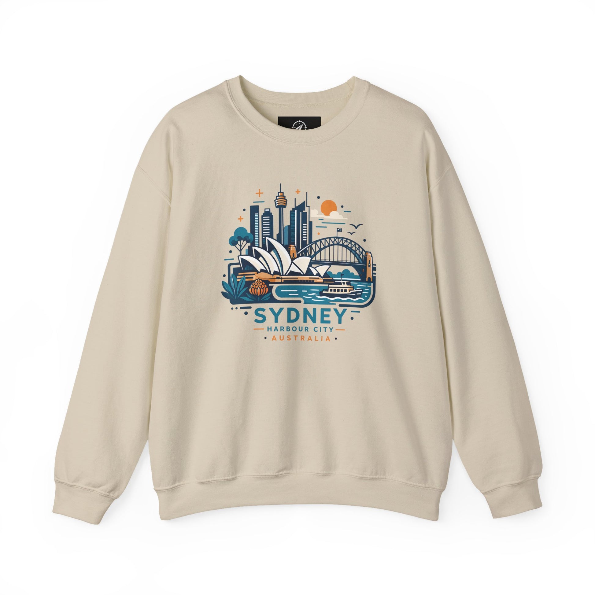 Light sand crewneck sweatshirt with colorful Sydney harbor city graphic on chest