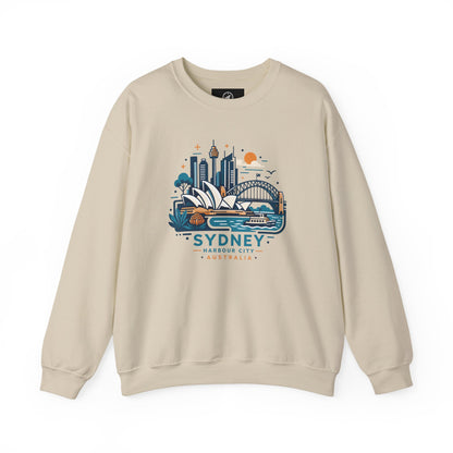 Light sand crewneck sweatshirt with colorful Sydney harbor city graphic on chest