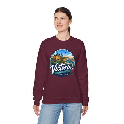 Burgundy crewneck sweatshirt with large front graphic print and ribbed cuffs