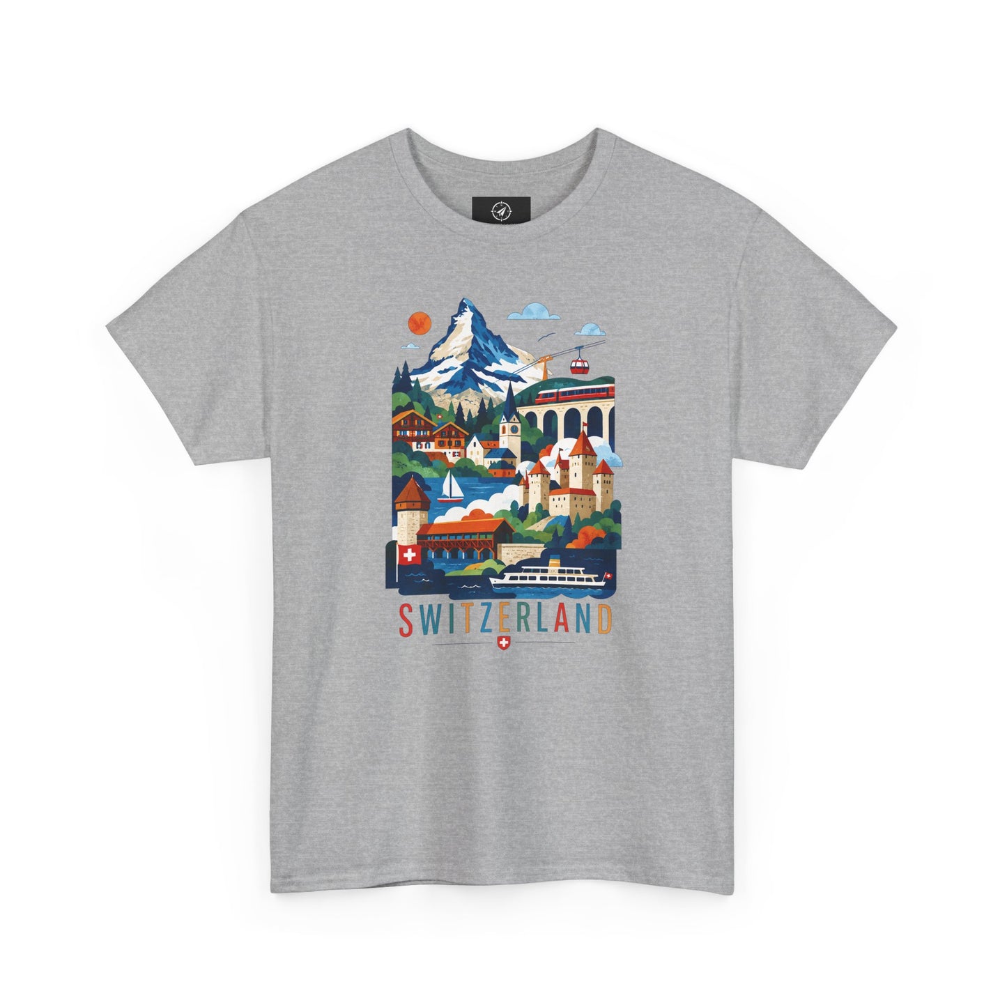 Heather gray T-shirt with colorful Switzerland village graphic on the front