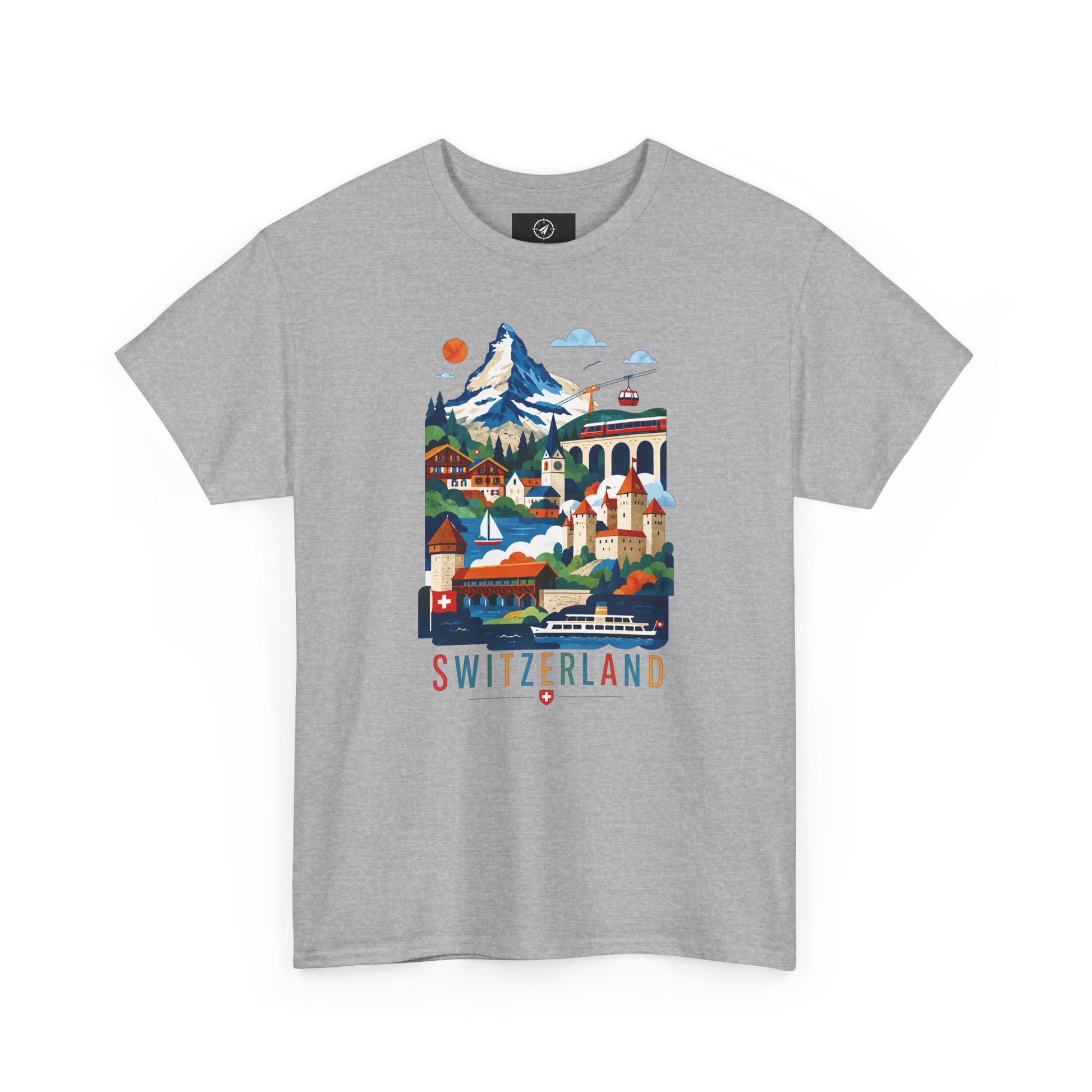 Heather gray T-shirt with colorful Switzerland village graphic on the front