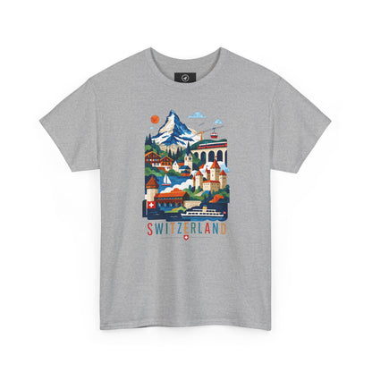 Heather gray T-shirt with colorful Switzerland village graphic on the front