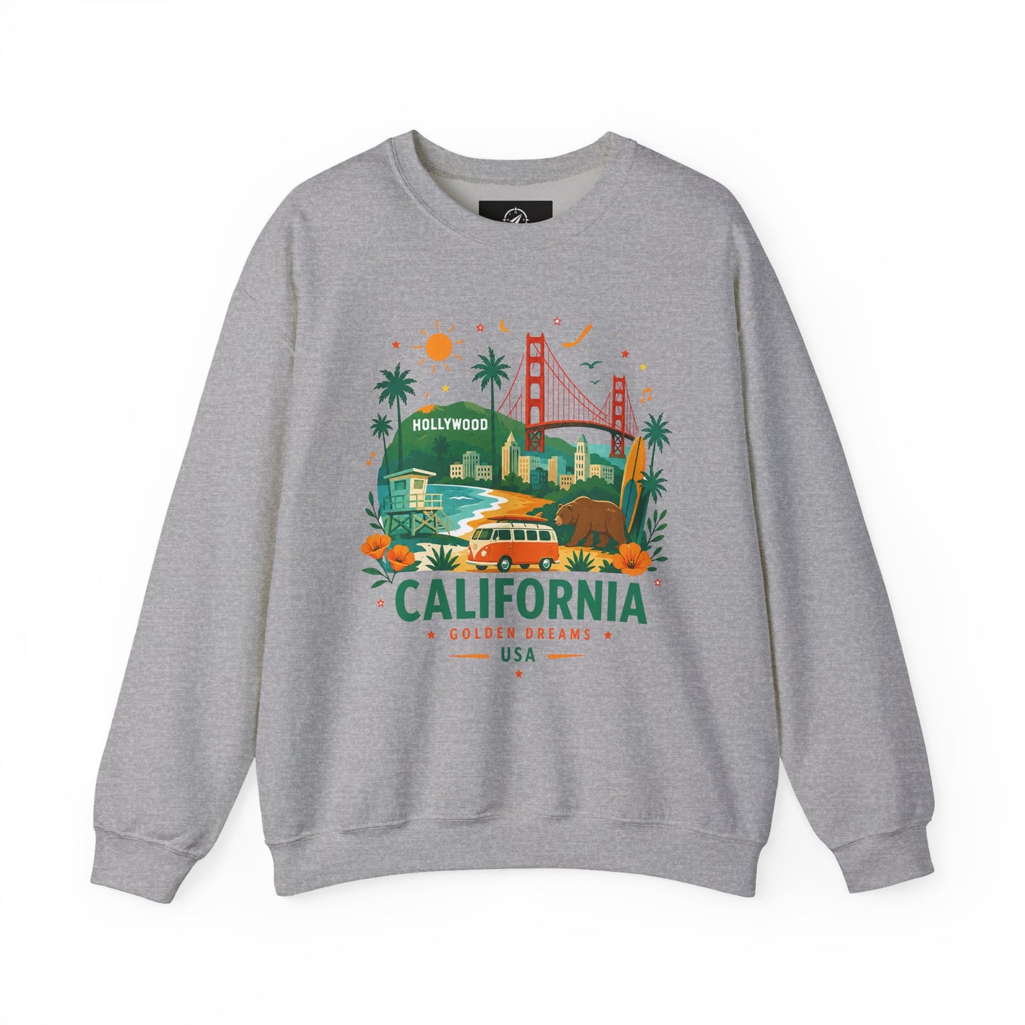 Heather gray crewneck sweatshirt with colorful California graphic on the front
