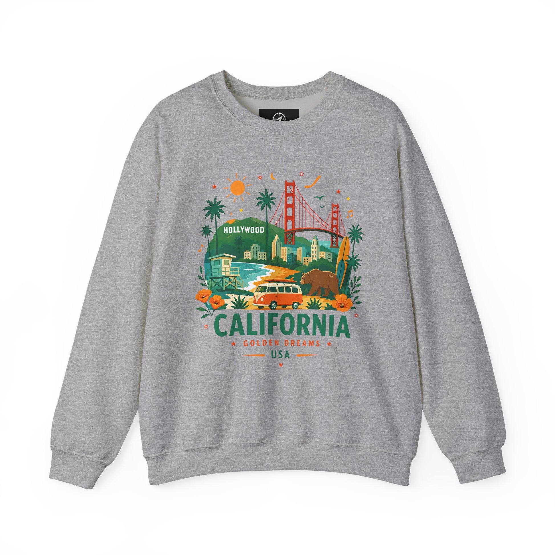 Heather gray crewneck sweatshirt with colorful California graphic on the front