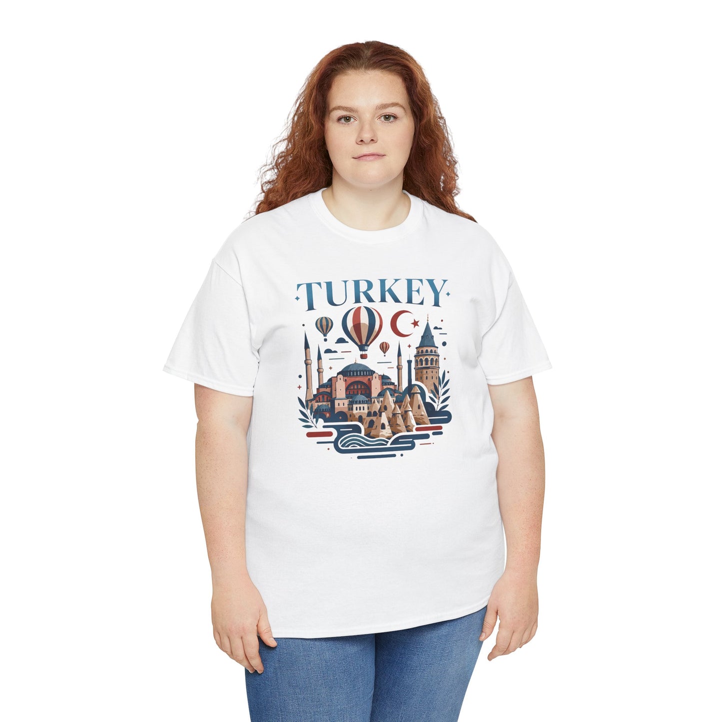 White Turkey themed T-shirt with hot air balloons, skyline buildings, and crescent moon