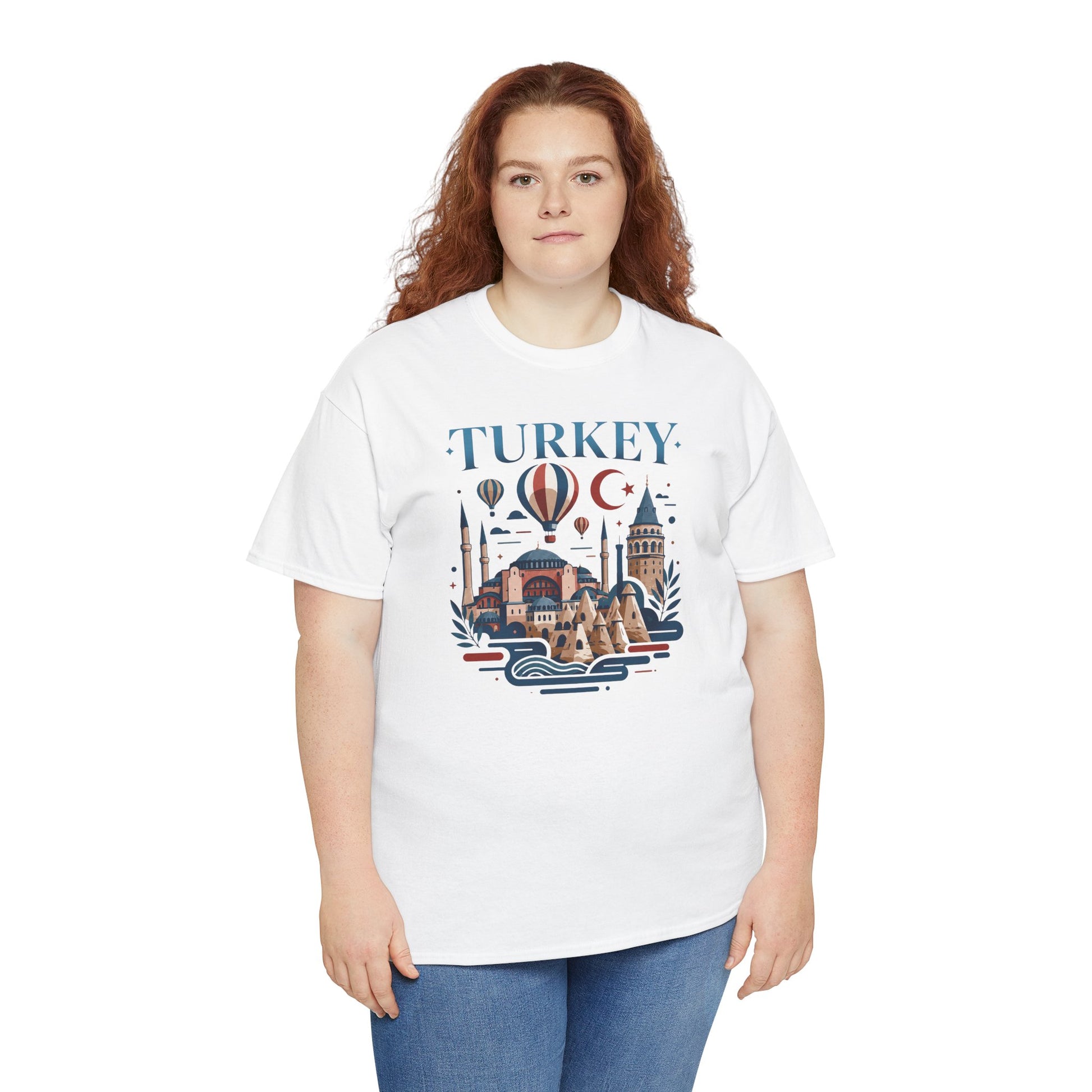 White Turkey themed T-shirt with hot air balloons, skyline buildings, and crescent moon