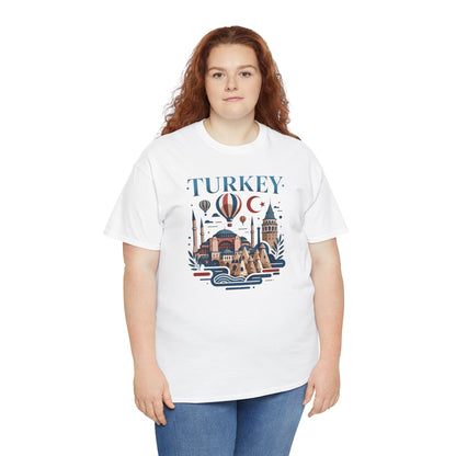 White Turkey themed T-shirt with hot air balloons, skyline buildings, and crescent moon