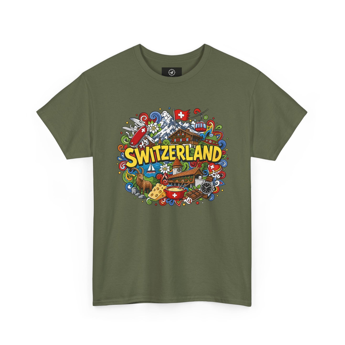 Men's travel T-shirt in forest green with colorful Swiss-themed "SWITZERLAND" graphic