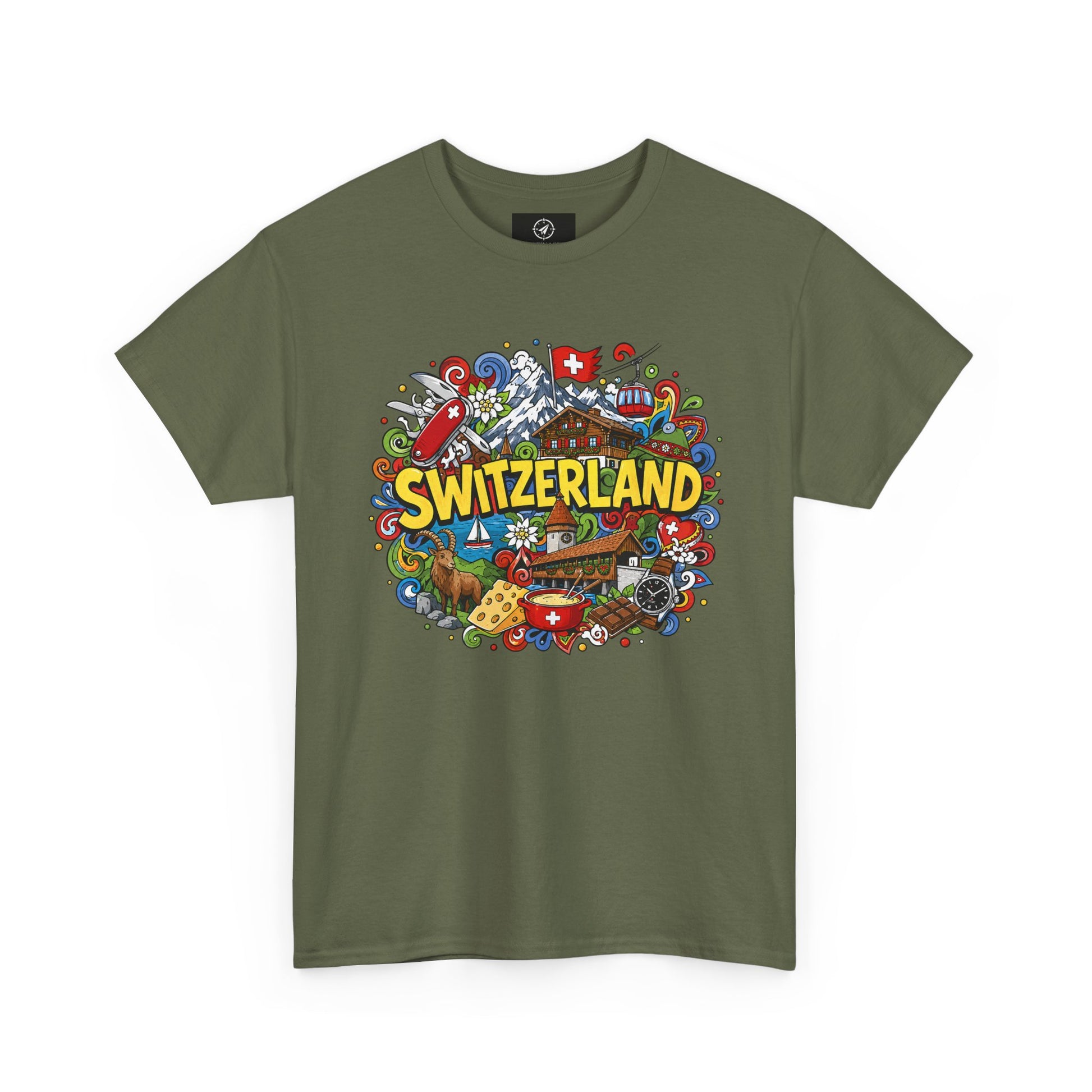 Men's travel T-shirt in forest green with colorful Swiss-themed "SWITZERLAND" graphic