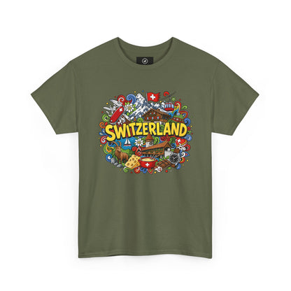 Men's travel T-shirt in forest green with colorful Swiss-themed "SWITZERLAND" graphic