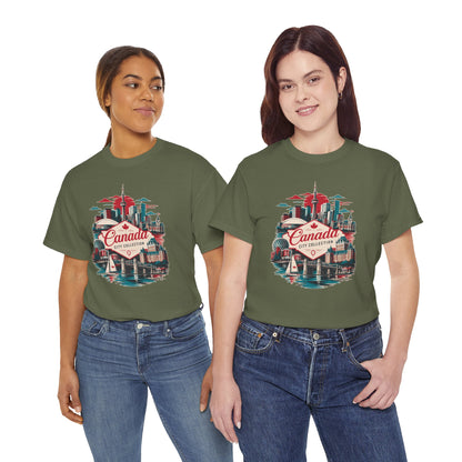 Green crewneck T-shirt with colorful “Canada” skyline graphic on the chest