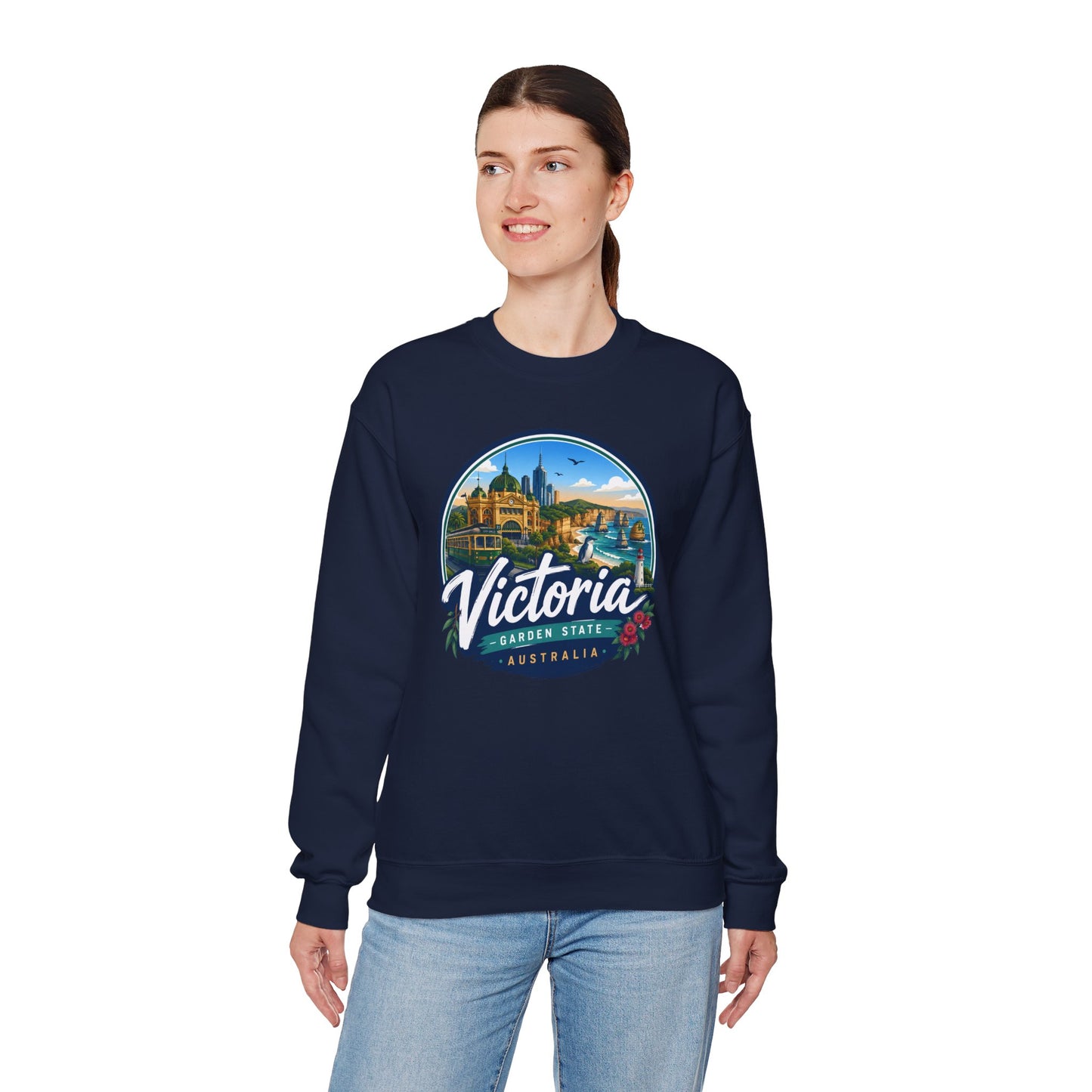 Navy crewneck sweatshirt worn, front view with Victoria graphic