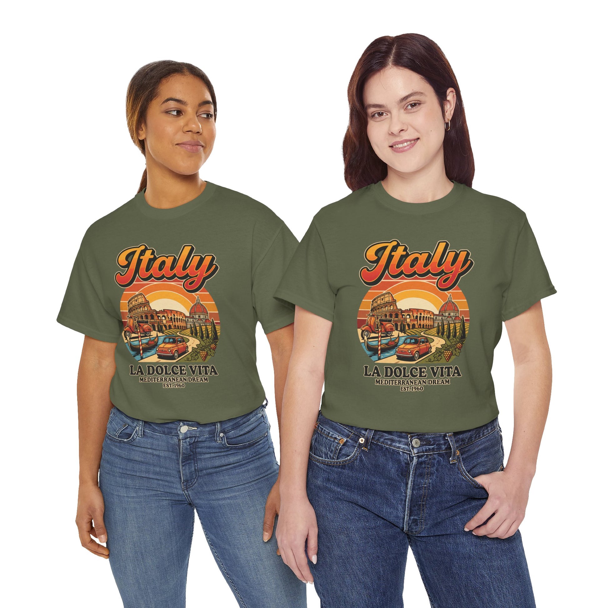 Olive green crewneck t-shirt with colorful Italy “La Dolce Vita” graphic front print
