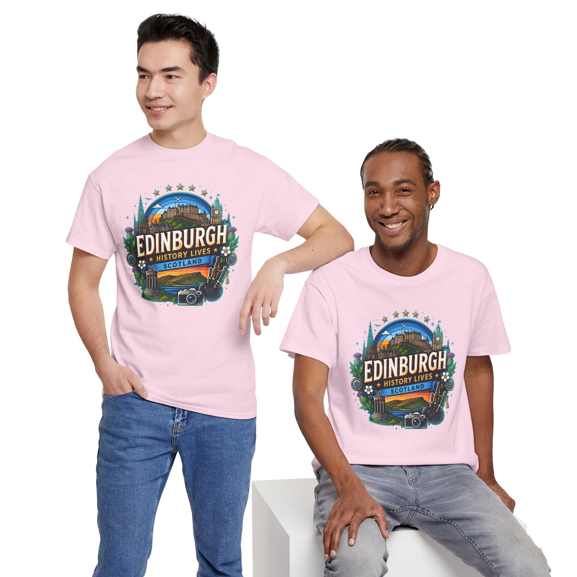 Light pink travel T-shirt with colorful circular Edinburgh graphic on the chest