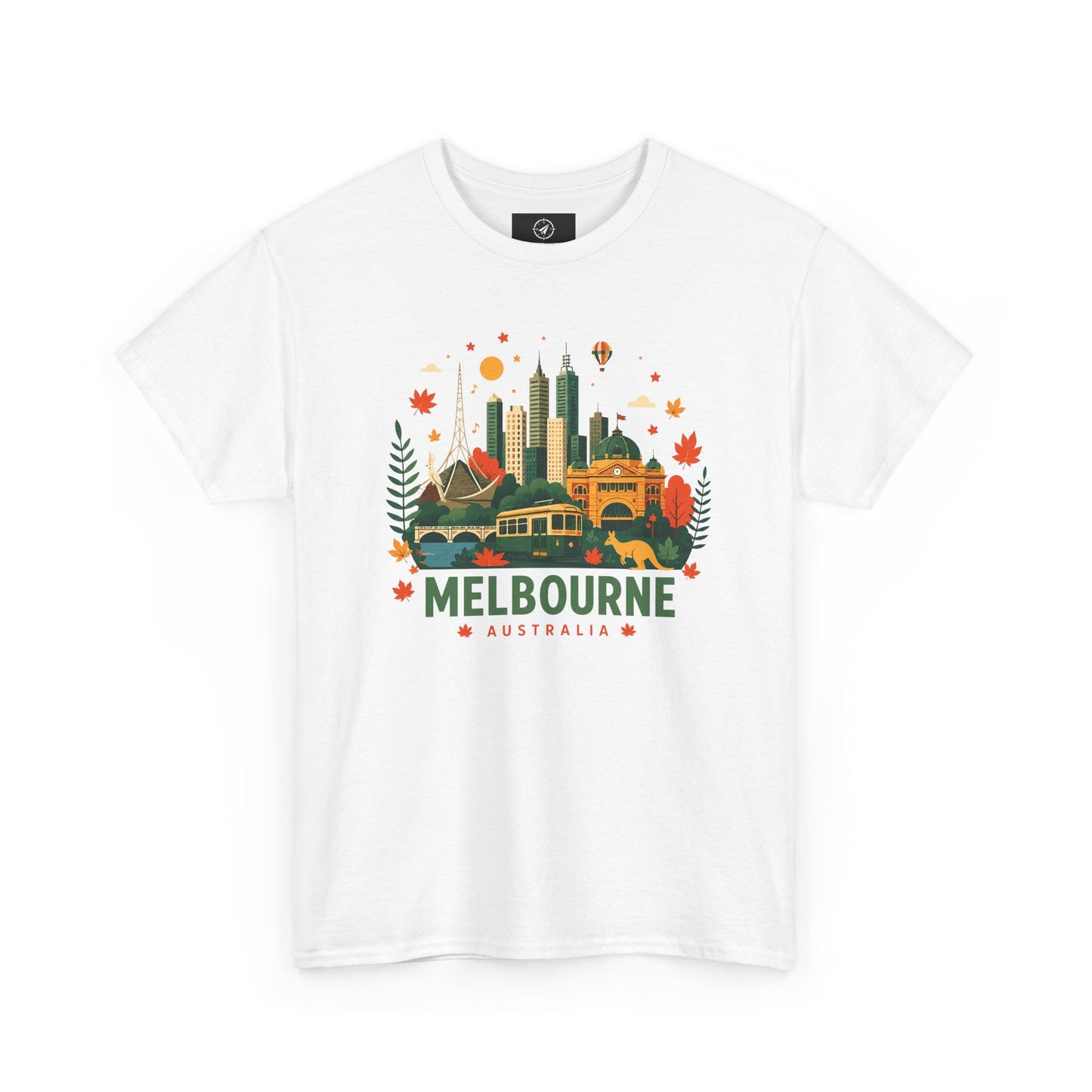 White T-shirt with colorful Melbourne skyline graphic and “MELBOURNE AUSTRALIA” text