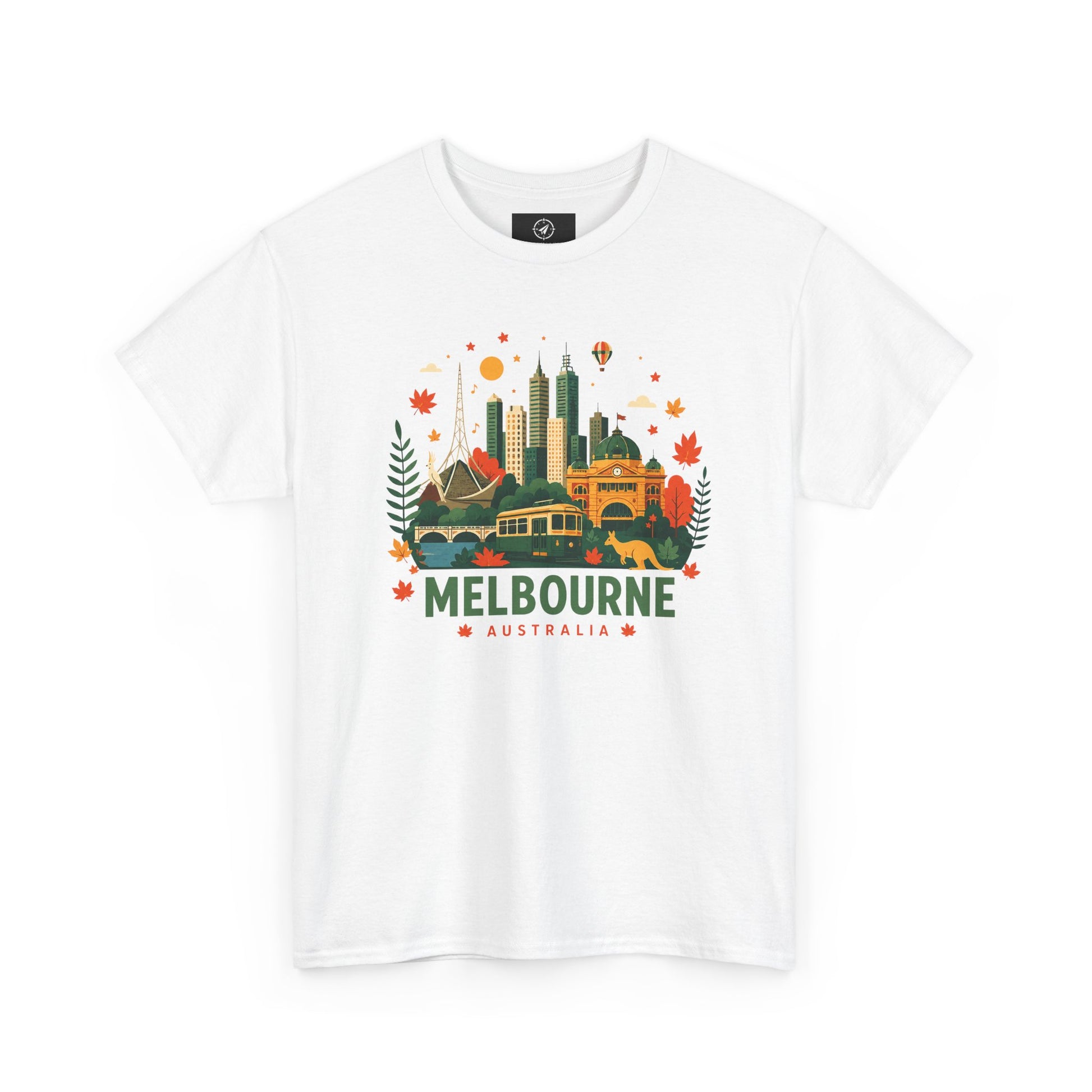 White T-shirt with colorful Melbourne skyline graphic and “MELBOURNE AUSTRALIA” text