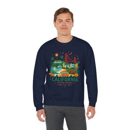 Navy crewneck sweatshirt with colorful California graphic on the front.