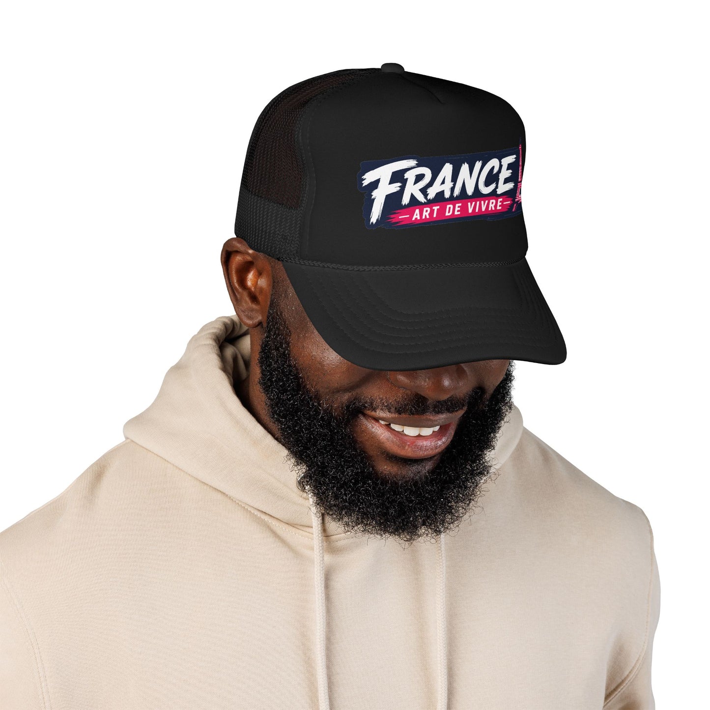 Black mesh trucker cap with curved brim and “FRANCE” graphic on front