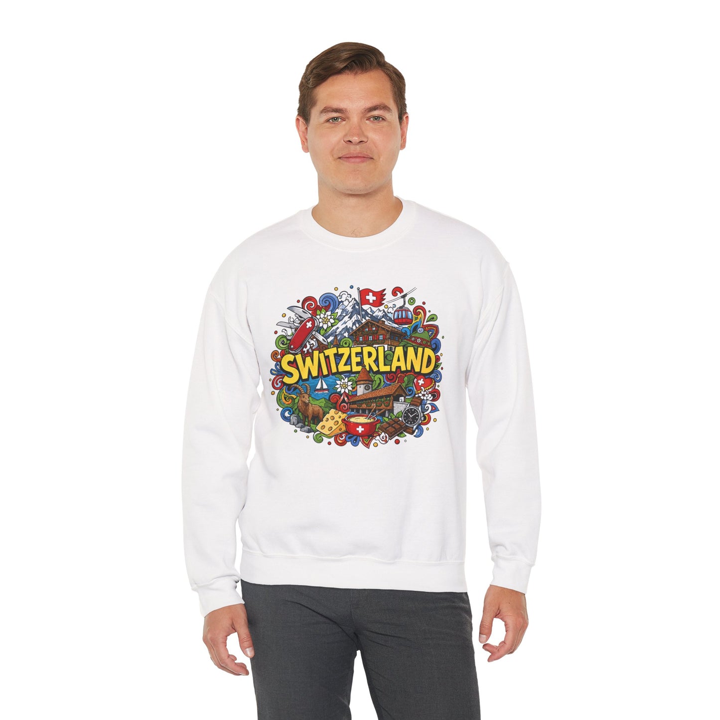 White crewneck sweatshirt with colorful Switzerland graphic on the front