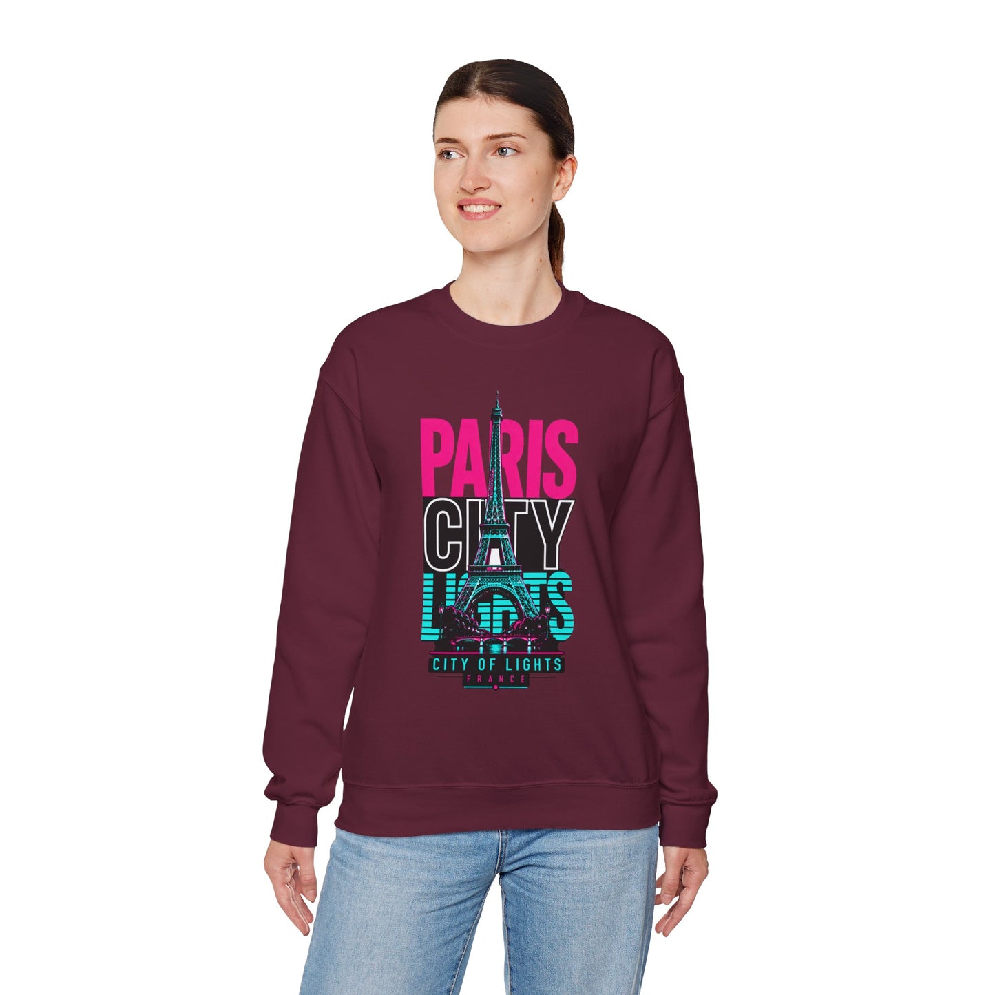 Maroon crewneck sweatshirt with PARIS CITY Eiffel Tower graphic