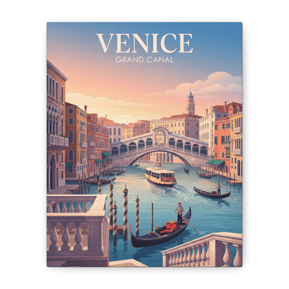 Venice canal matte canvas print with gondolas, canal bridge, and lighthouse