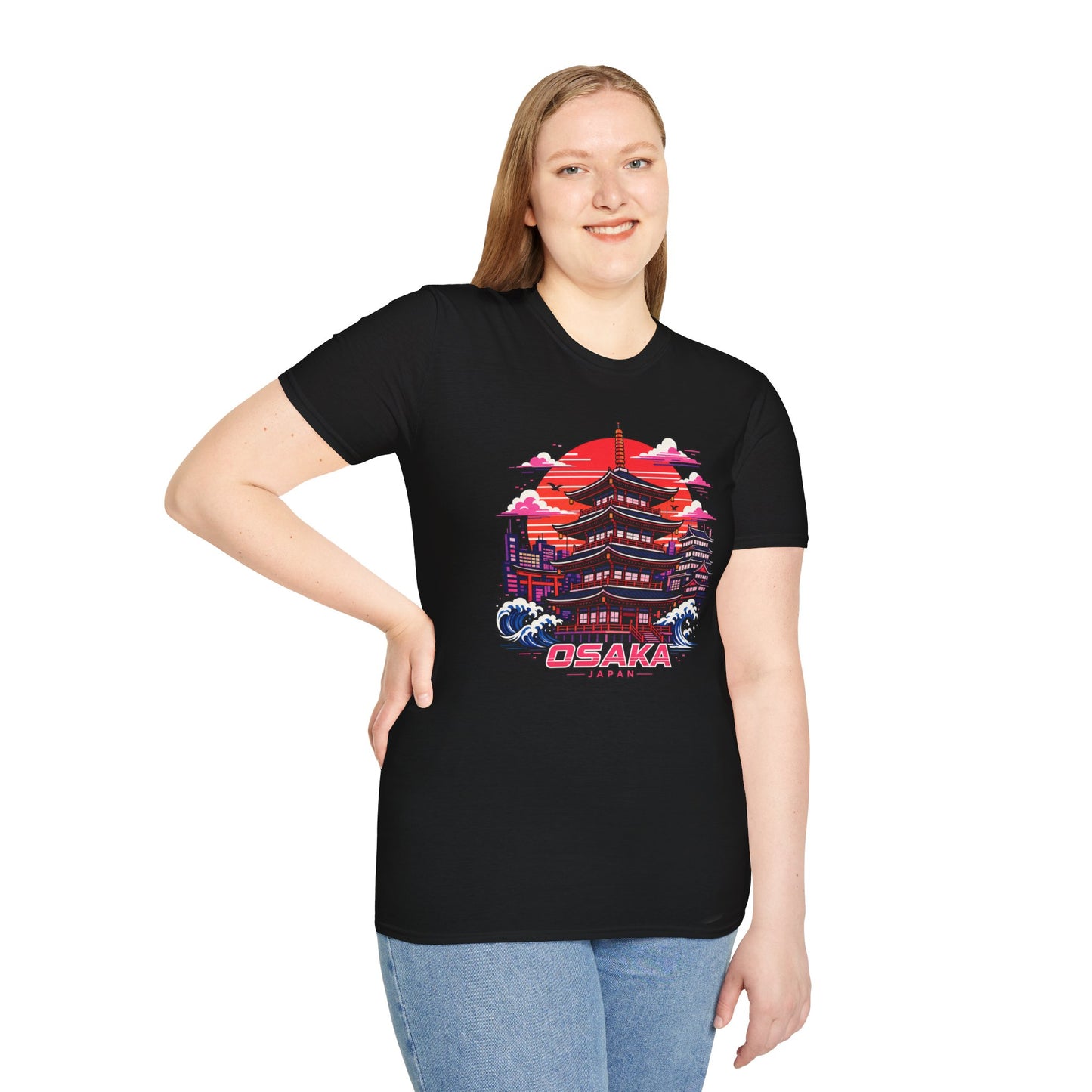 Black T-shirt with Osaka graphic print, worn by a standing person.