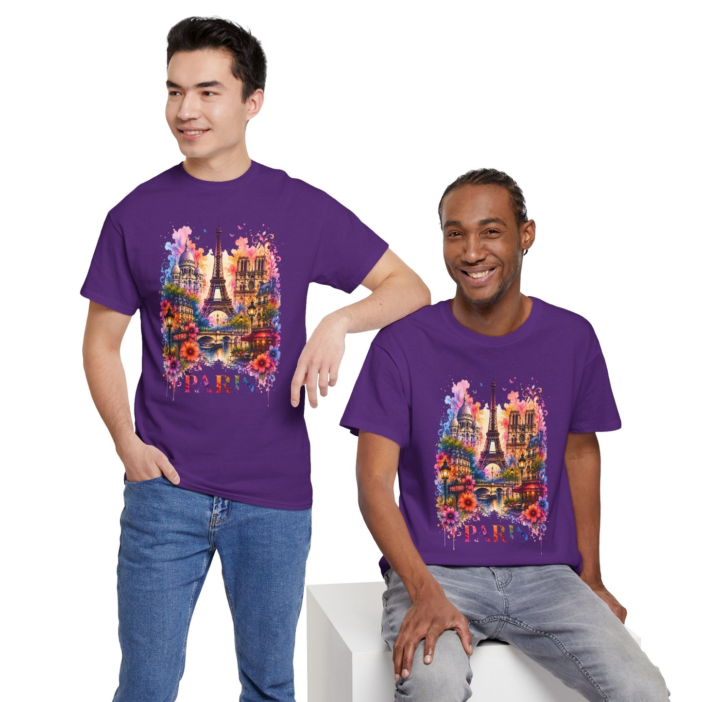 Purple floral Eiffel Tower graphic T-shirt worn by two people, front view