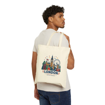 Natural canvas tote bag worn on the shoulder, London skyline graphic on front