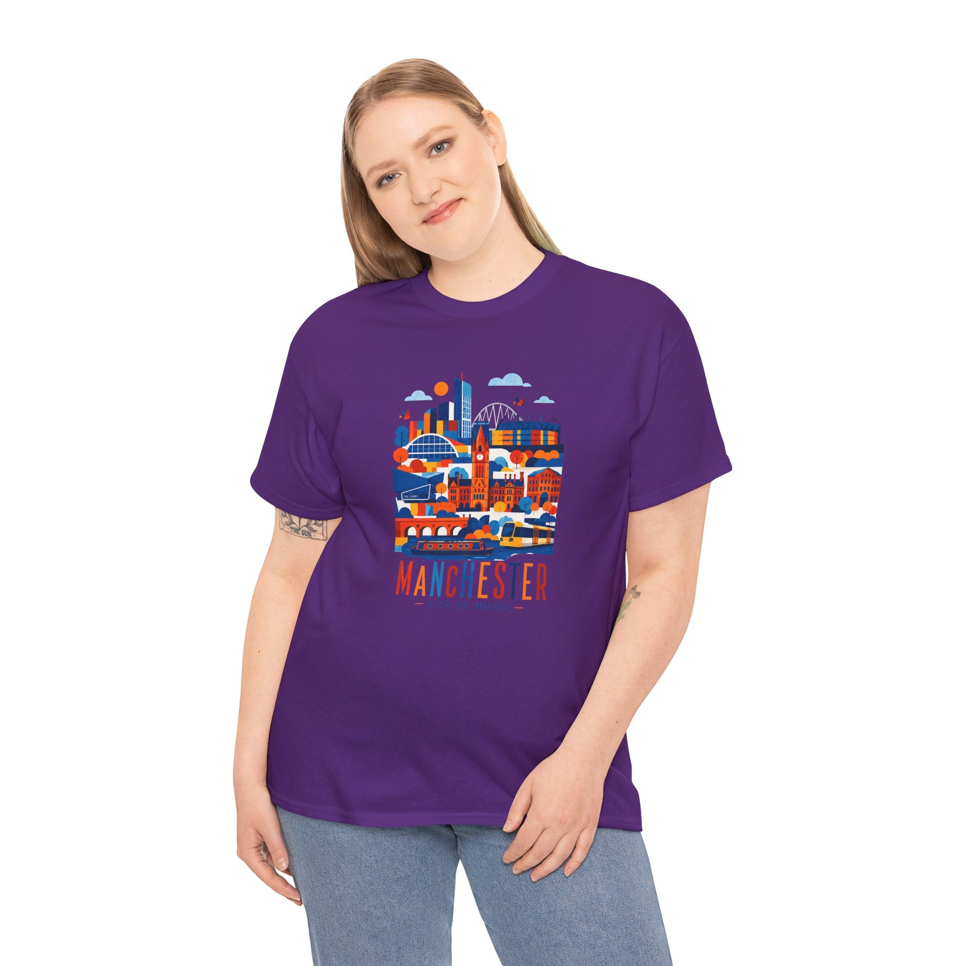 Purple Manchester skyline T-shirt with colorful city graphic on the chest