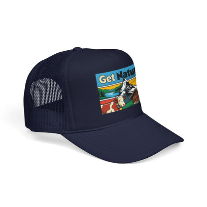 Dark navy trucker hat with mesh back and Get Natural logo patch