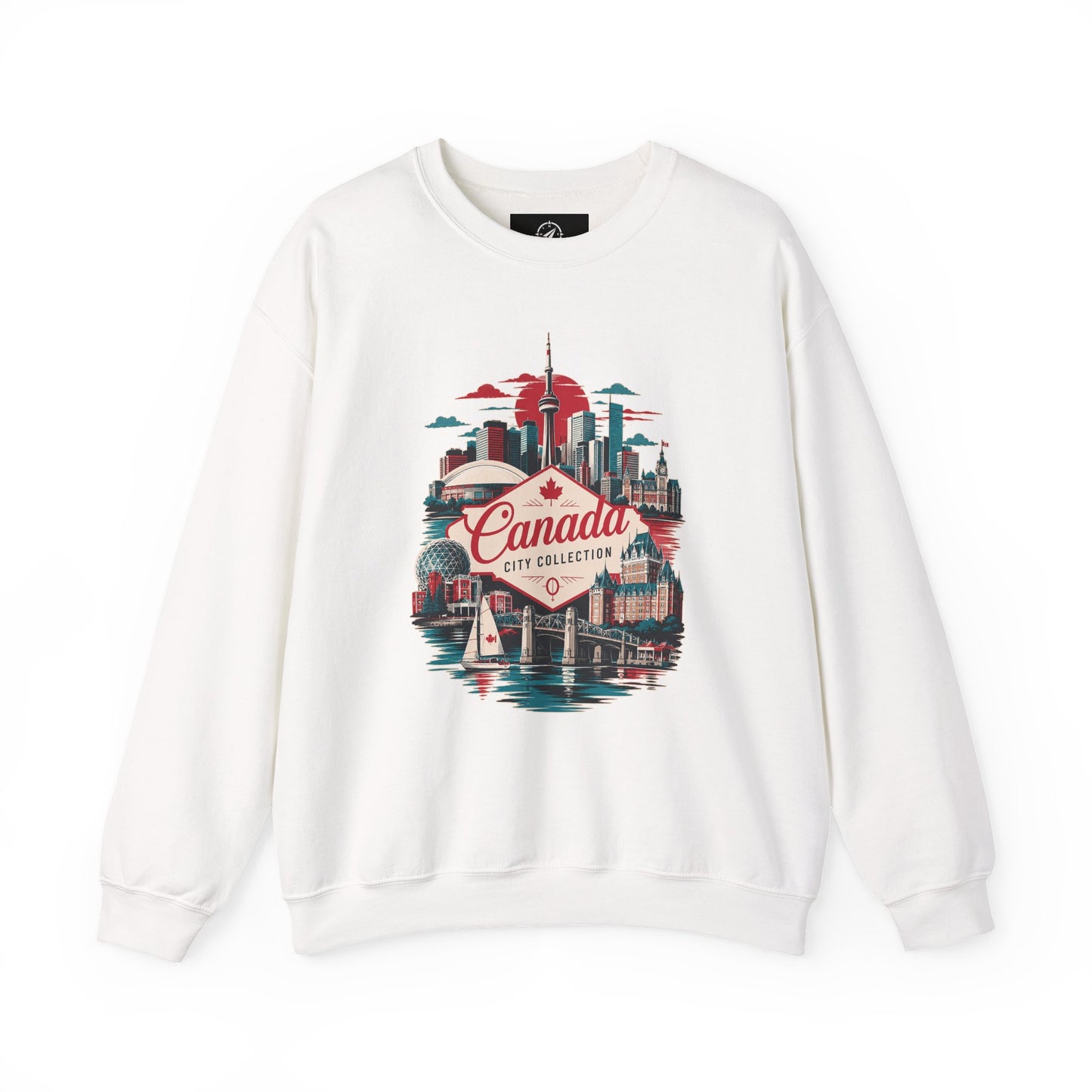 White crewneck sweatshirt with Canada city collection skyline graphic at center front.