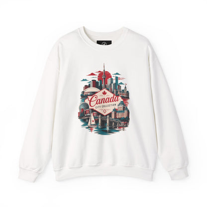White crewneck sweatshirt with Canada city collection skyline graphic at center front.