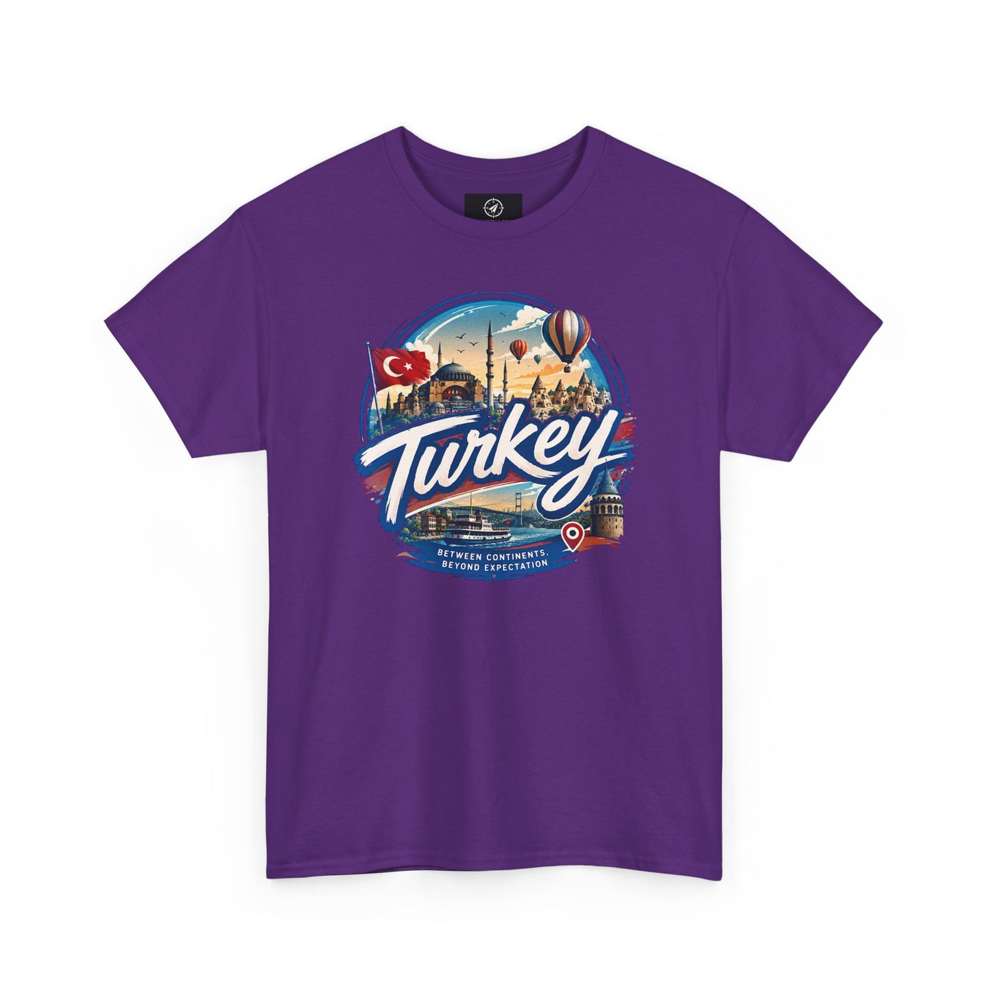 Purple cotton T-shirt with Turkey travel graphic on front
