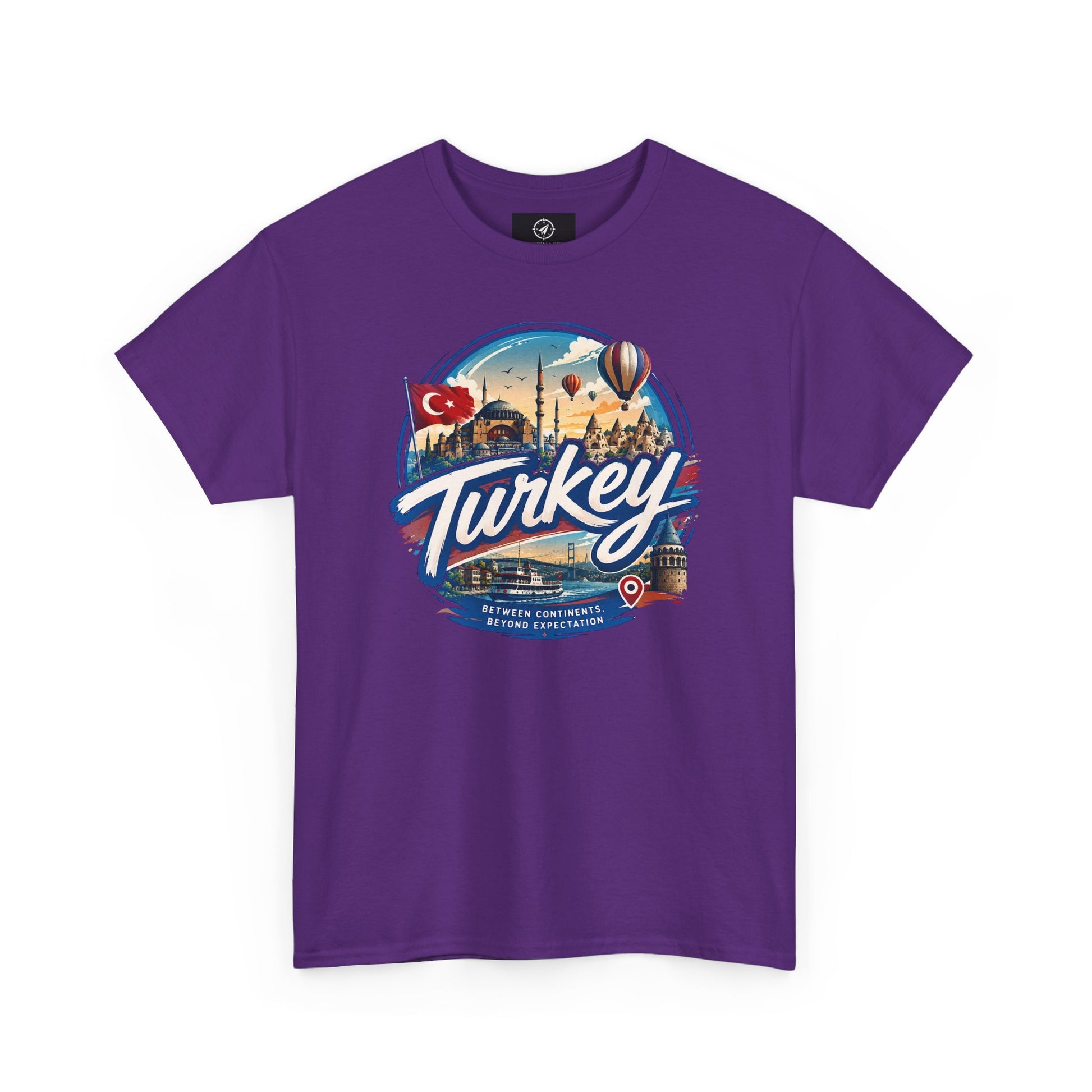 Purple cotton T-shirt with Turkey travel graphic on front