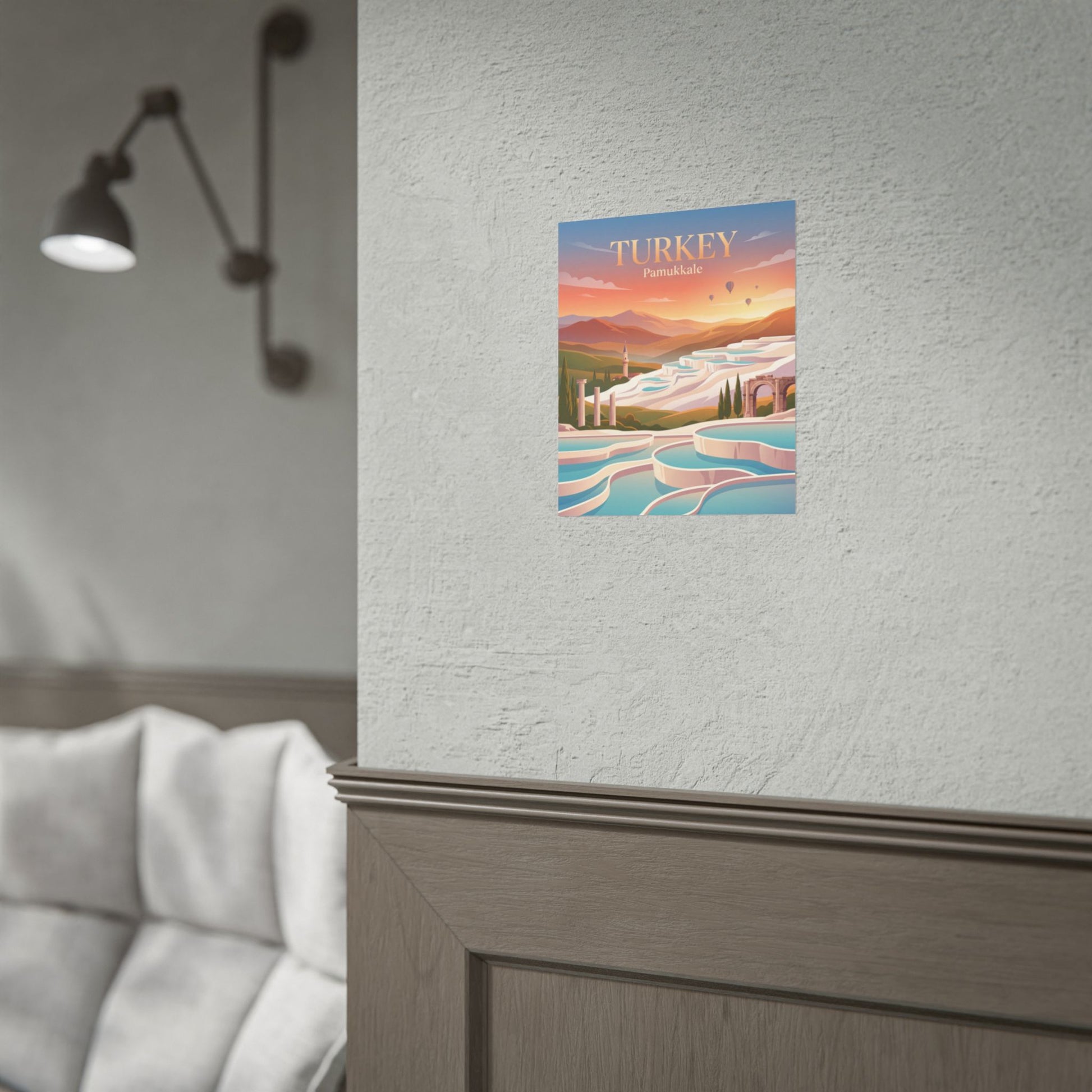 Small vertical travel poster with “TURKEY” and “Pamukkale” terraces and hot air balloons