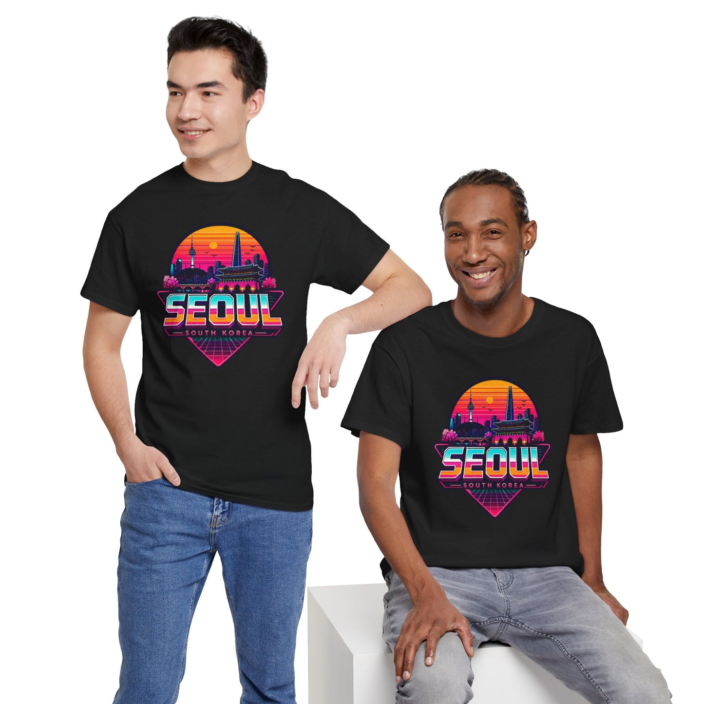 Black crew-neck T-shirt with Seoul skyline heart graphic, worn by two male models